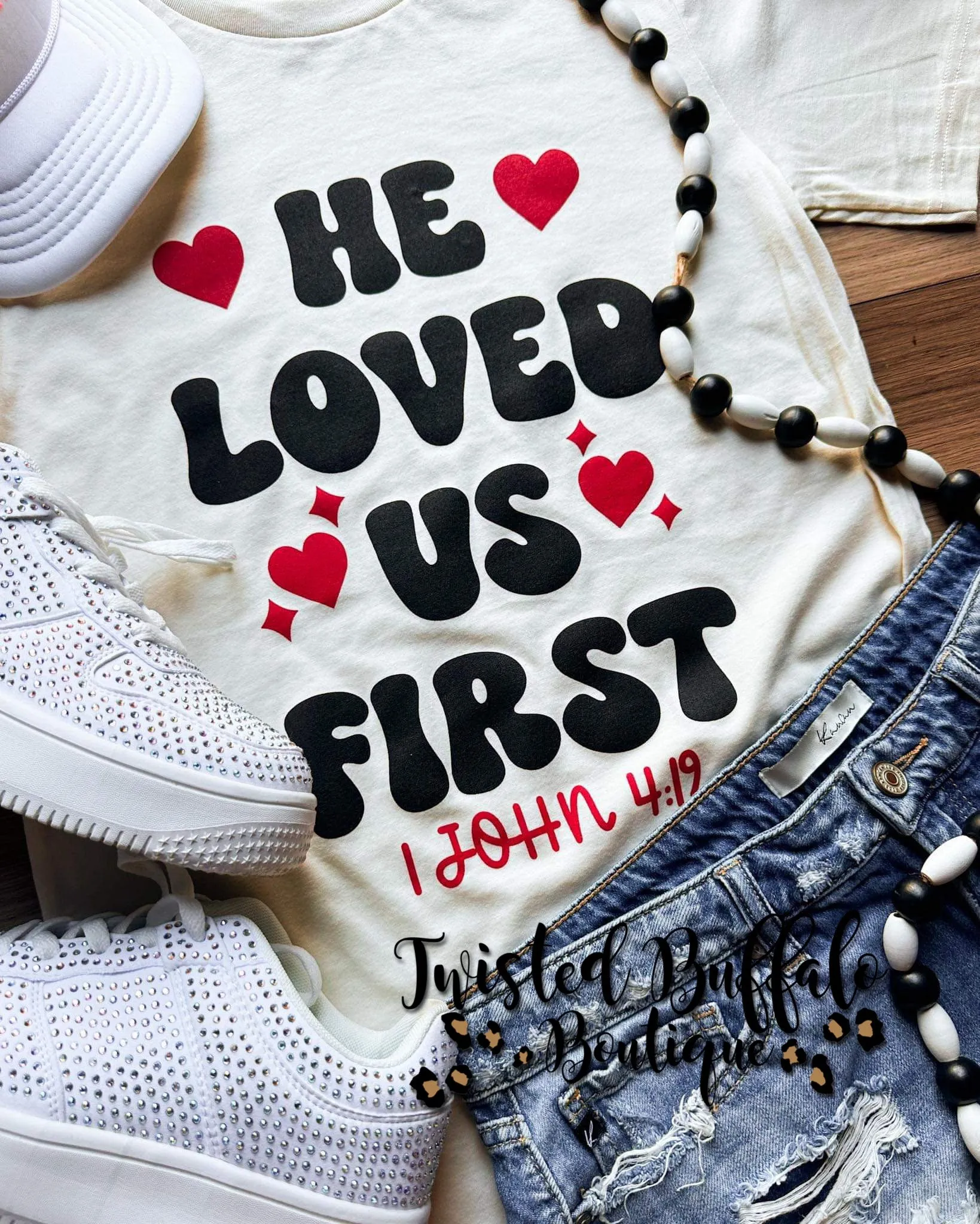 {1 JOHN 4:19}  HE LOVED US FIRST Natural Cream Crew Neck Tee