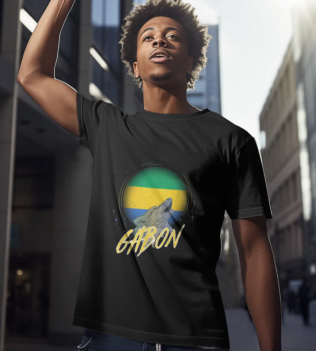 1sttheworld T-Shirt - Gabon Wolf Flag T-Shirt Black A35