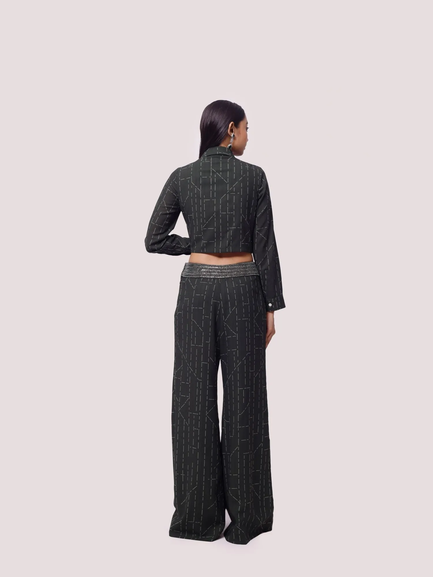 50Z939-RO Dark Green Printed Tussar Crop Top with Embellished Pant