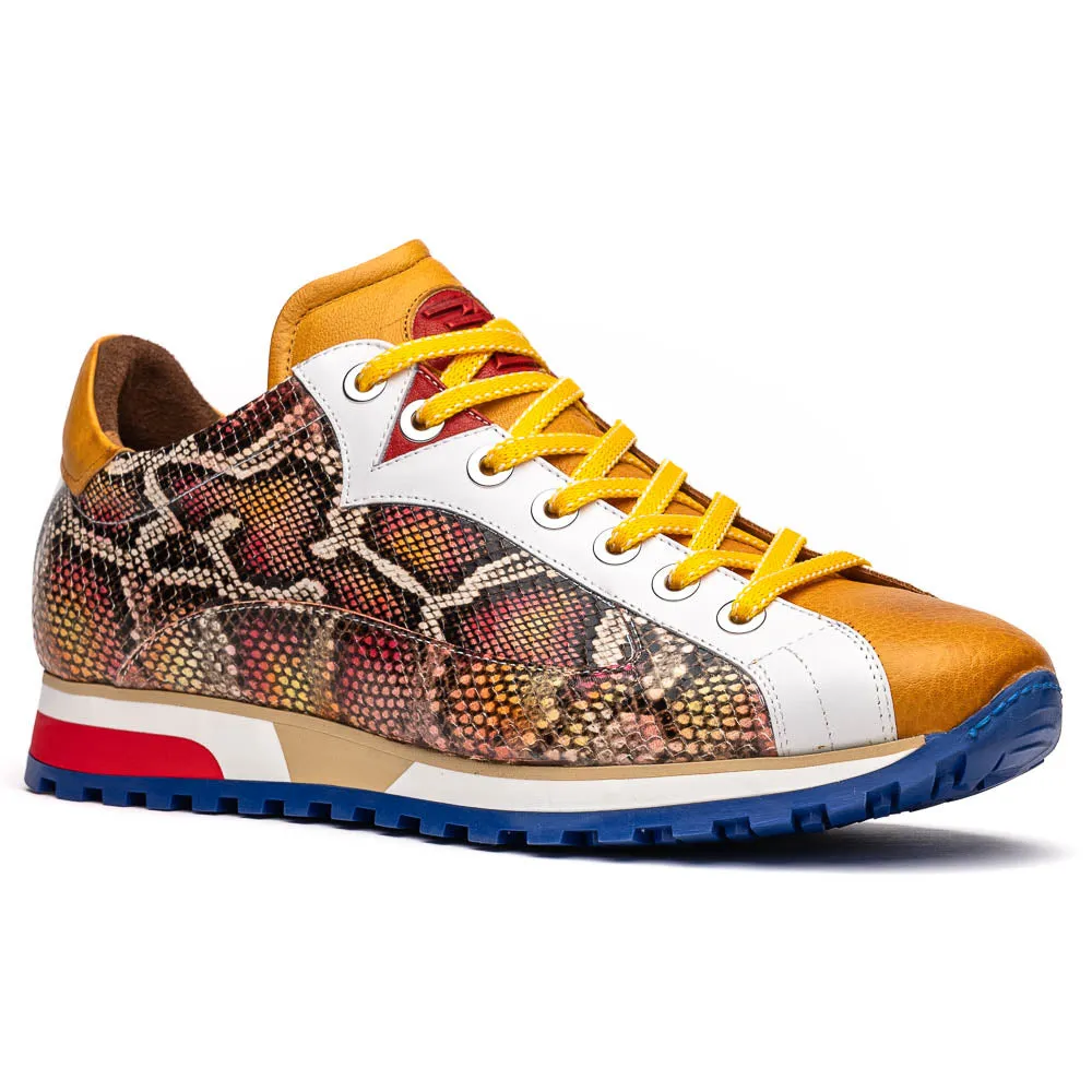 65-340-MUS GEO Python Embossed Italian Calfskin Sneakers, Mustard/White