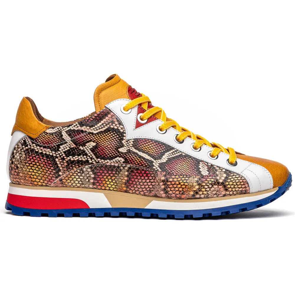 65-340-MUS GEO Python Embossed Italian Calfskin Sneakers, Mustard/White