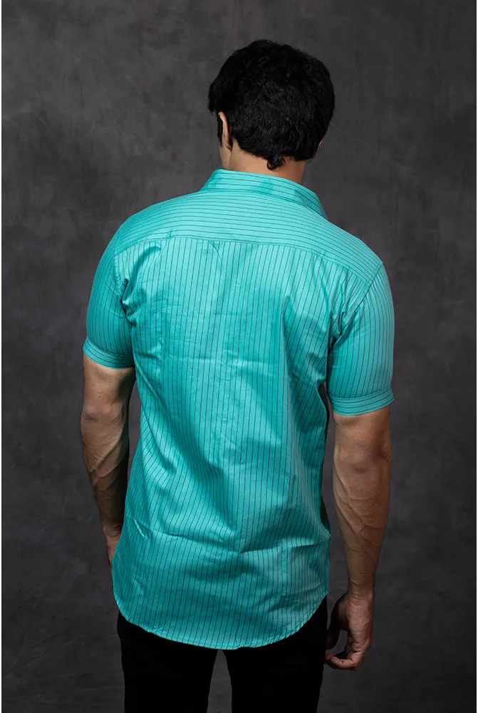 Casual Half Sleeve Shirts - Men Casual Mint Green Lining Shirt