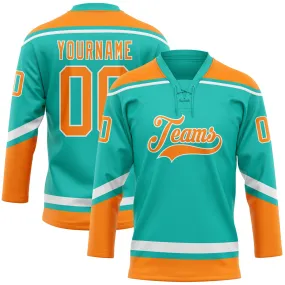 Custom Aqua Bay Orange-White Hockey Lace Neck Jersey