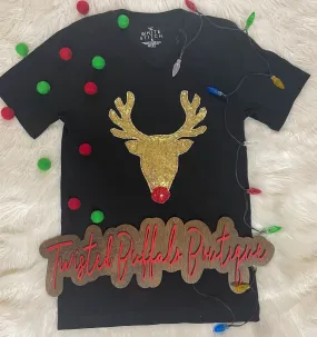 {FANCY REINDEER} Rudolph Appliqued Black V-Neck Tee