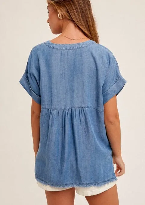 FINAL SALE - Denim Tencel Frayed Edge Top