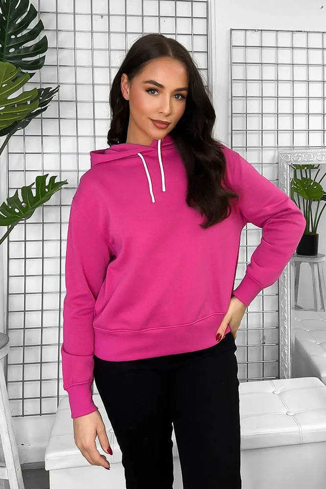 Fuchsia Cotton Blend Hoodie With Contrast String