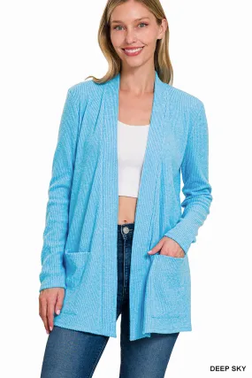 Heathered Ribbed Open Front Cardigan - Deep Sky