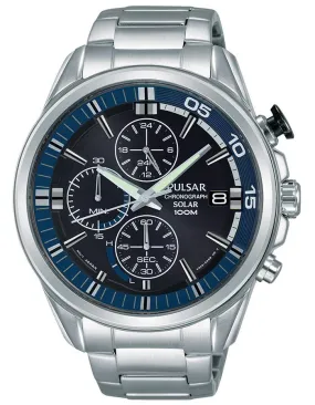 Pulsar Mens Solar Chronograph - Stainless Steel - Blue Dial - Bracelet - Date