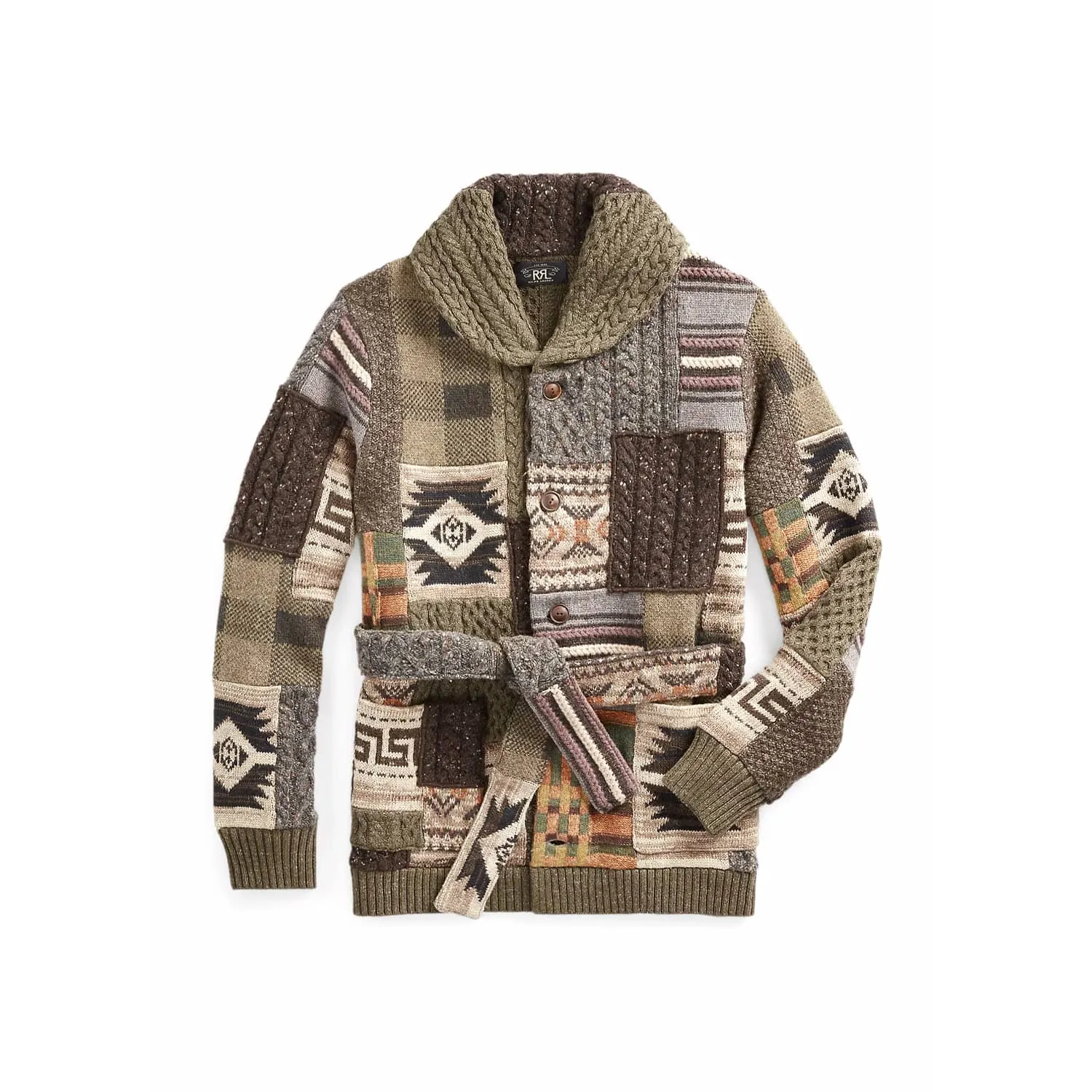 RRL Patchwork Wool-Blend Ranch Cardigan Brown Multi FINAL SALE