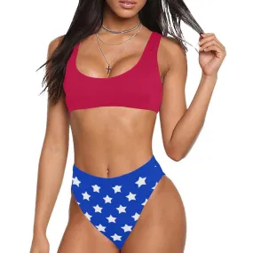 Stars On Blue Sport Top & High-Waisted Bikini Swimsuit