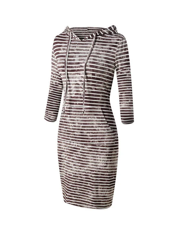 Stripe Tie-dyed 2/3 Sleeves Hood Dress