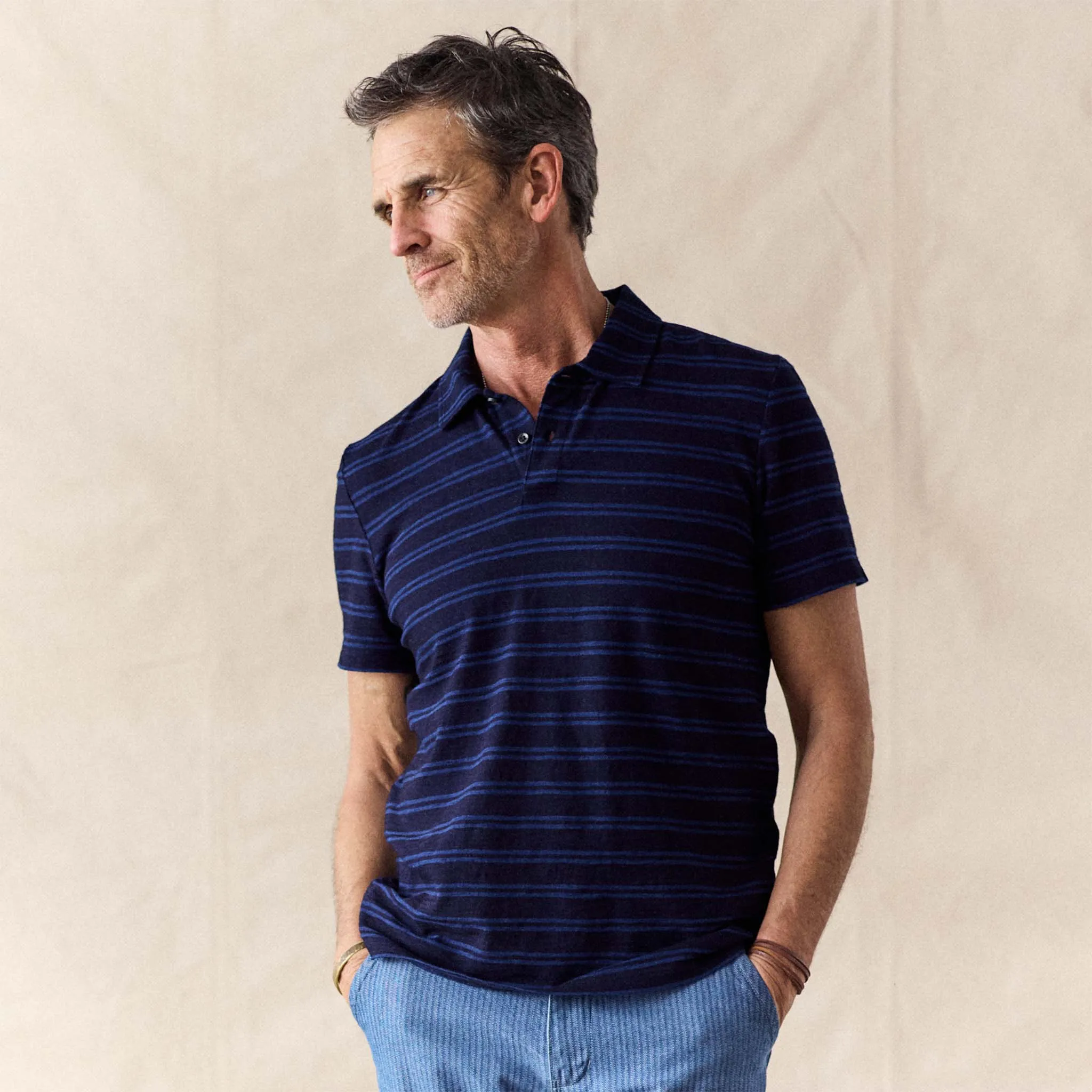 The Organic Cotton Polo in Rinsed Indigo Stripe