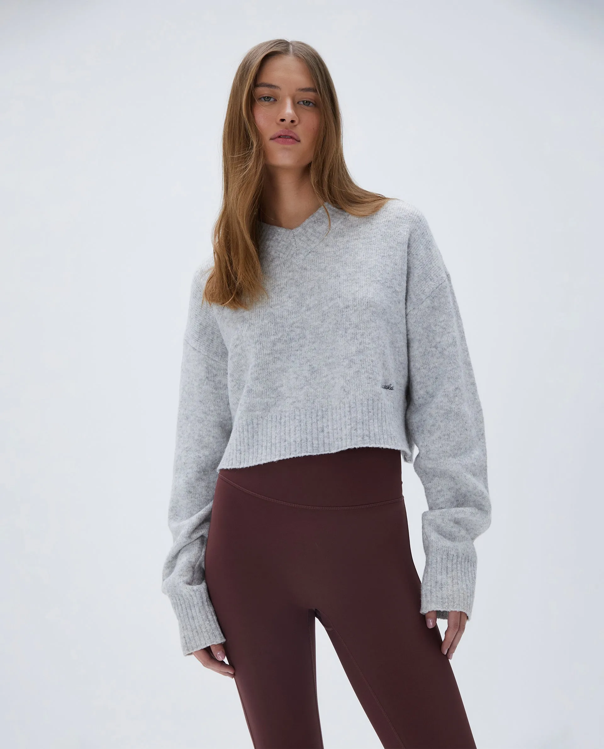 V Neck Knit Sweatshirt - Light Grey Melange