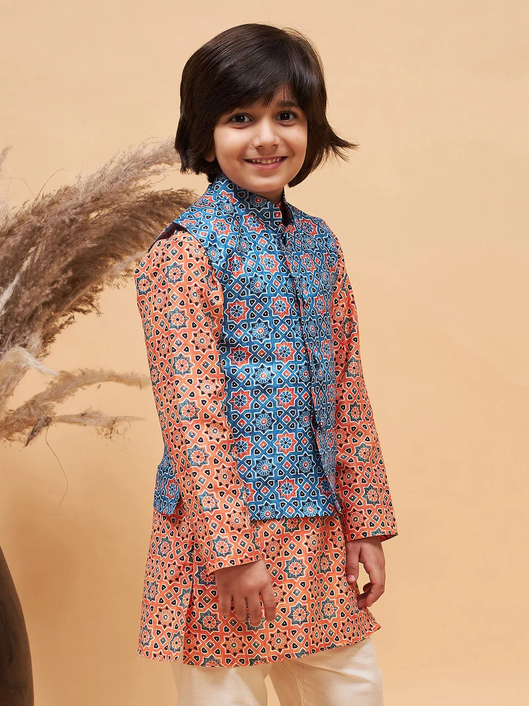 VASTRAMAY Boy's Blue Printed Nehru Jacket