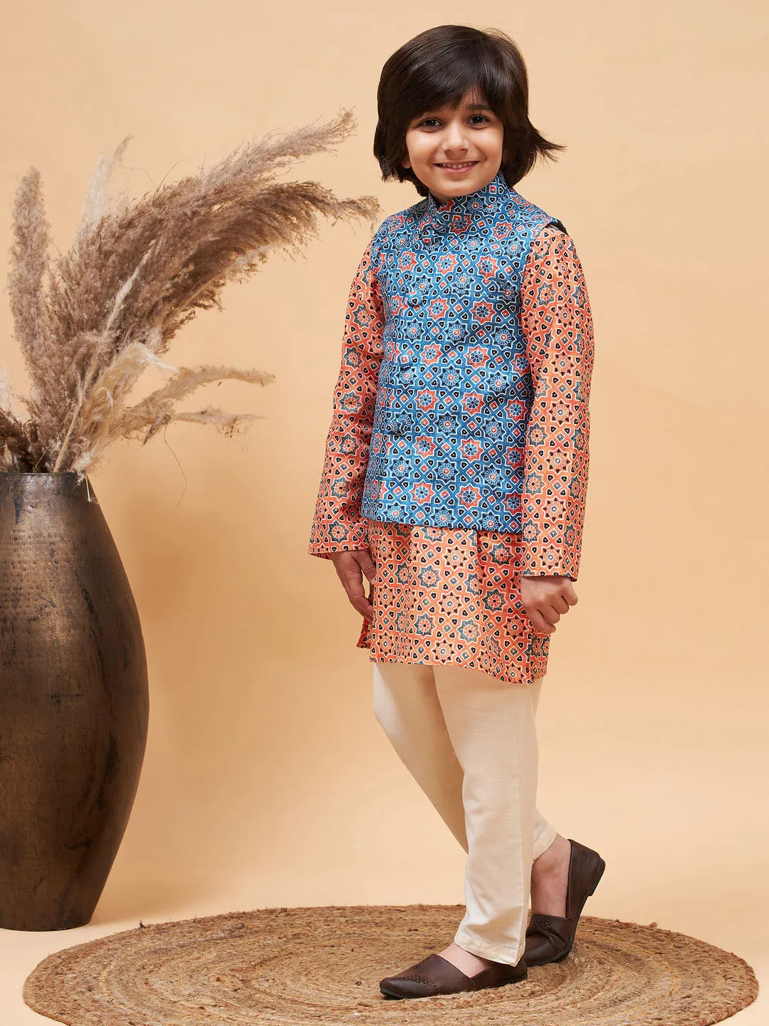 VASTRAMAY Boy's Blue Printed Nehru Jacket