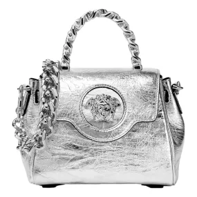 Versace La Medusa Silver Metallic Top Handle Handbag