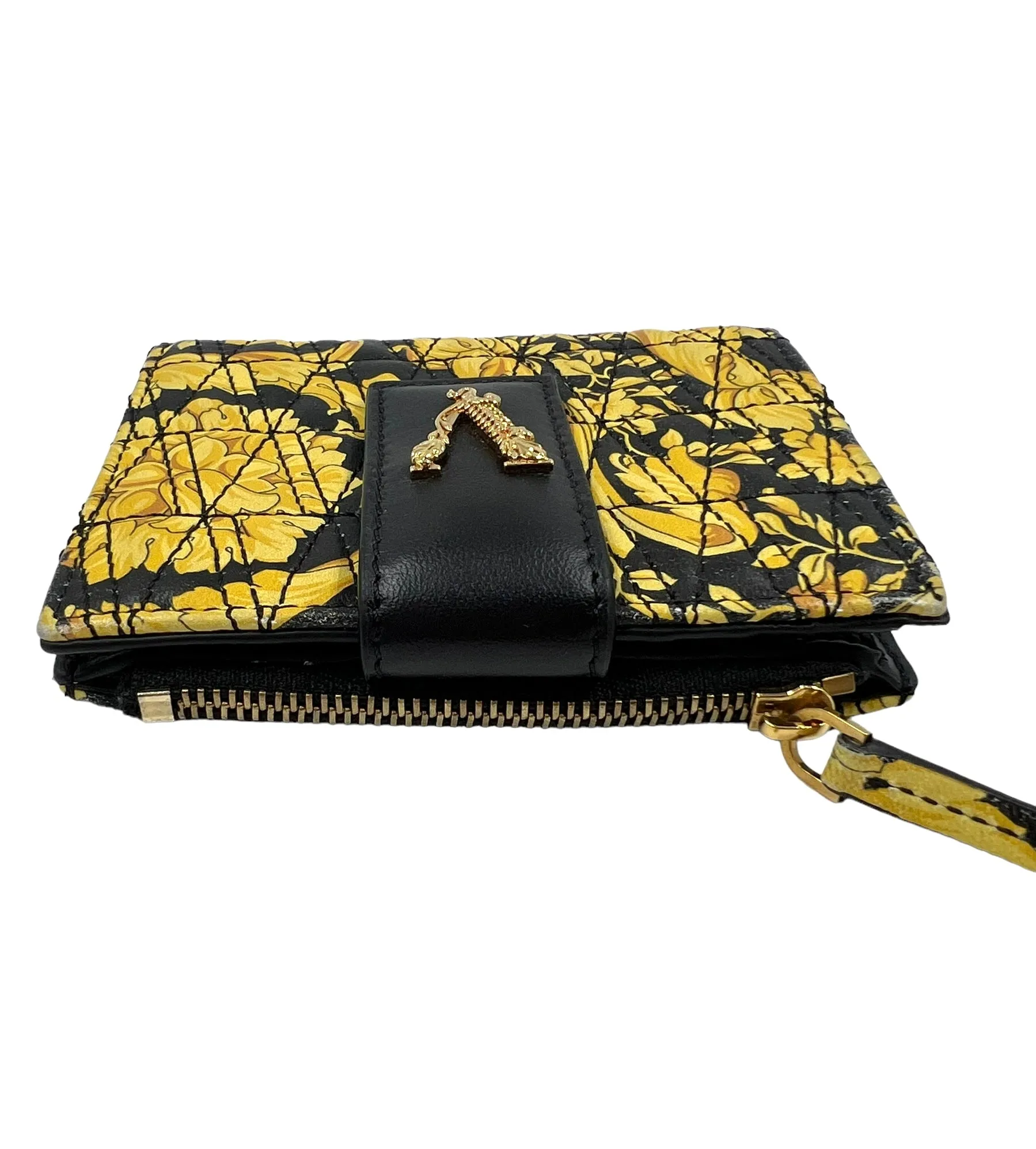 Versace Quilted Leather Black & Yellow Barocco Virtus Wallet