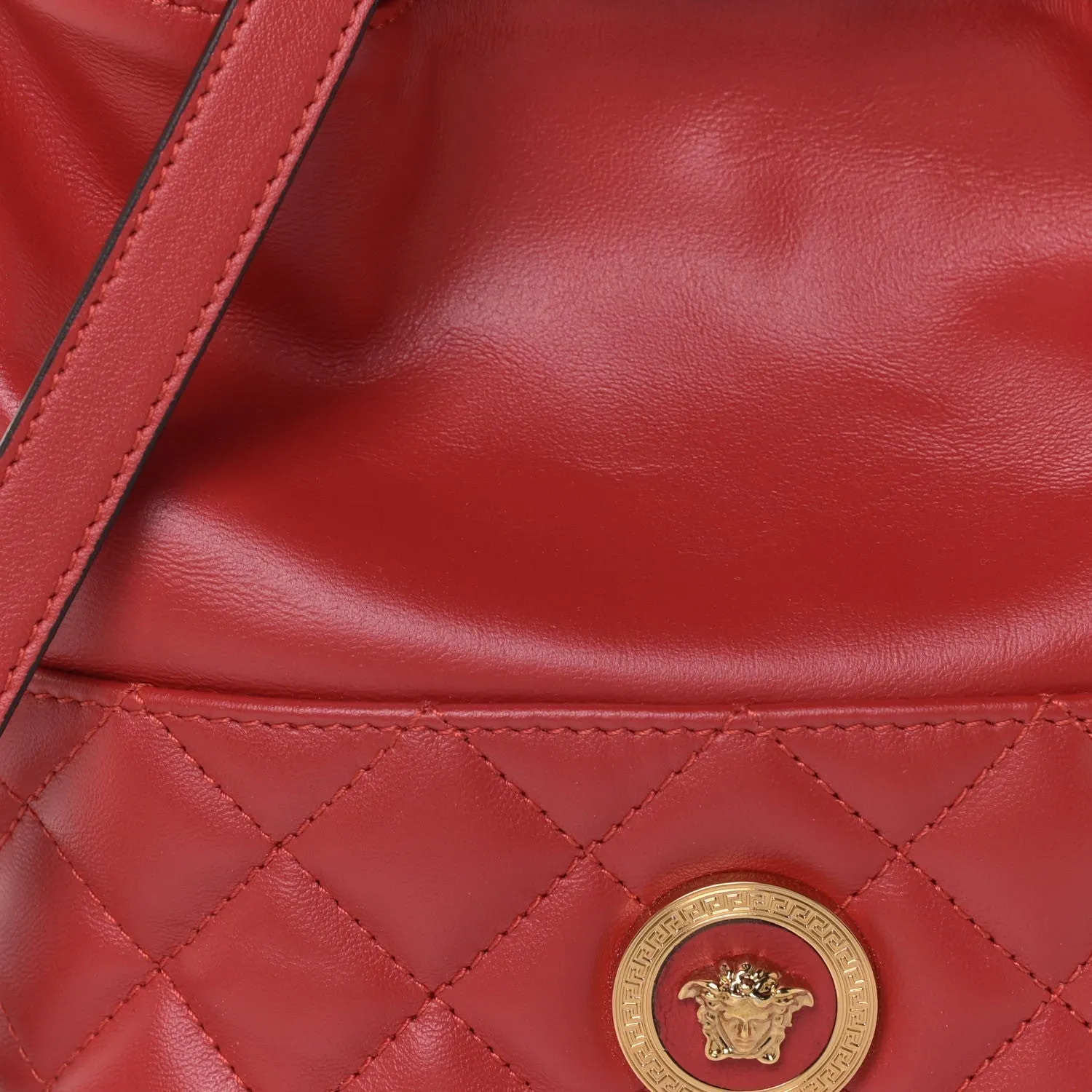 Versace Red Leather Medusa Quilted Drawstring Bucket Bag