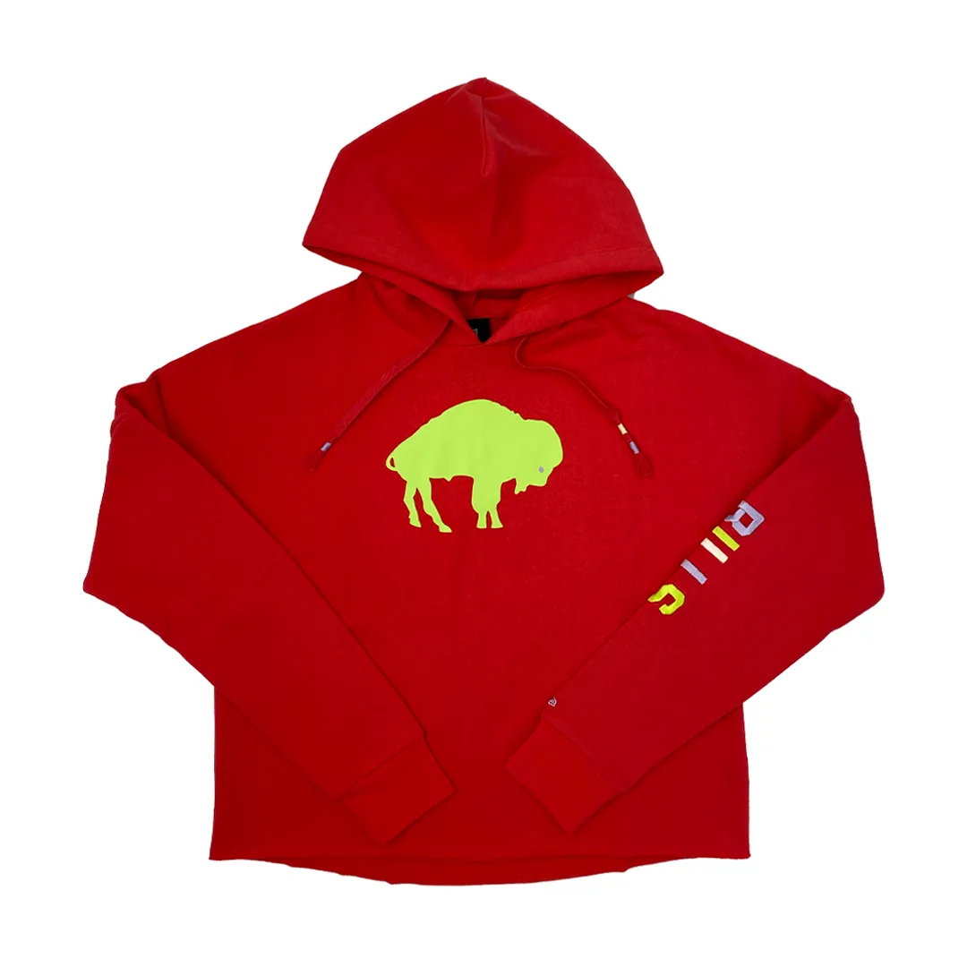 Women's New Era Buffalo Bills Red and Lime Retro Cropped Hoodie